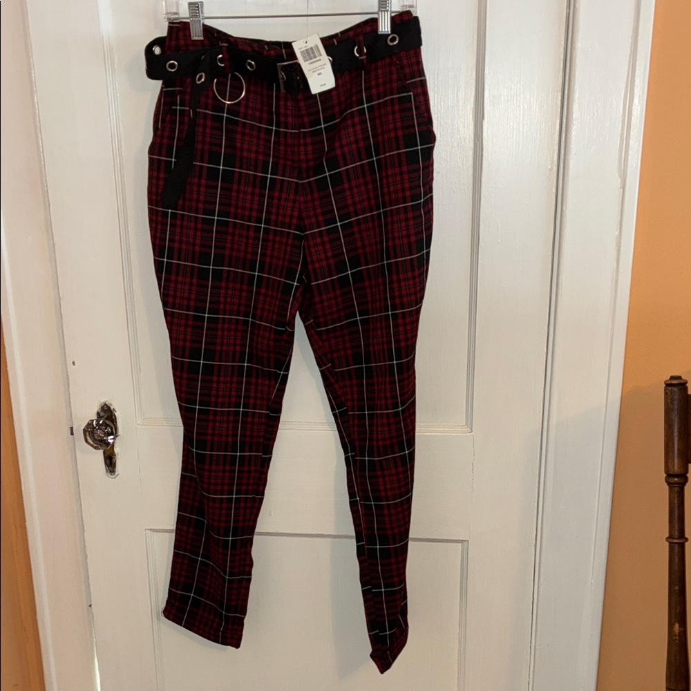 Edgy Women’s Plaid Pants - Black and Red with black grommet belt